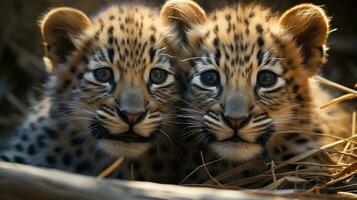 Foto von herzzerreißend zwei afrikanisch Leoparden mit ein Betonung auf Ausdruck von Liebe. generativ ai