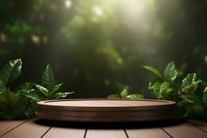 Holz Sockel Podium mit Blatt im Hintergrund zum Produkt Präsentation generativ durch ai foto