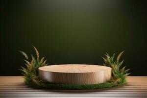 runden Holz Podium mit Gras und Pflanzen im das Hintergrund zum Produkt Anzeige generativ durch ai foto