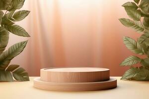 Holz Sockel Podium mit Blatt im Hintergrund zum Produkt Präsentation generativ durch ai foto