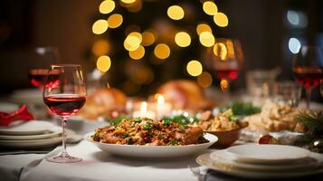 ai generativ Weihnachten Abendessen Tischplatte, schön dekoriert mit cremig Bokeh Weihnachten Beleuchtung im das Hintergrund foto