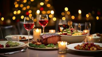 ai generativ Weihnachten Abendessen Tischplatte, schön dekoriert mit cremig Bokeh Weihnachten Beleuchtung im das Hintergrund foto