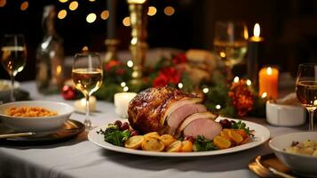 ai generativ Weihnachten Abendessen Tischplatte, schön dekoriert mit cremig Bokeh Weihnachten Beleuchtung im das Hintergrund foto