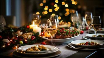 ai generativ Weihnachten Abendessen Tischplatte, schön dekoriert mit cremig Bokeh Weihnachten Beleuchtung im das Hintergrund foto