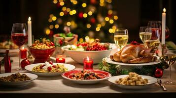 ai generativ Weihnachten Abendessen Tischplatte, schön dekoriert mit cremig Bokeh Weihnachten Beleuchtung im das Hintergrund foto