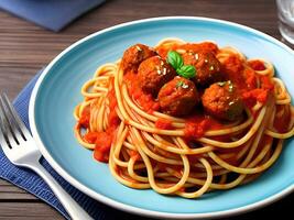 Spaghetti mit Fleischklößchen und Tomate Soße im Teller auf hölzern Tisch. ai generativ foto