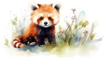 ein süß wenig rot Panda im Aquarell Stil. generativ ai foto