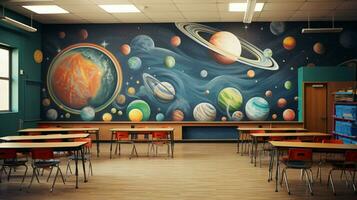 ein Klassenzimmer mit ein bunt Mauer mit ein Planet Thema foto