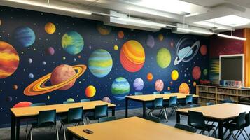 ein Klassenzimmer mit ein bunt Mauer mit ein Planet Thema foto