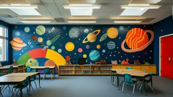 ein Klassenzimmer mit ein bunt Mauer mit ein Planet Thema foto