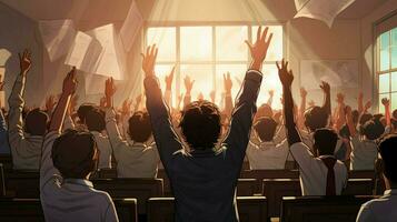 ein Klassenzimmer voll von Studenten mit ihr Hände oben foto