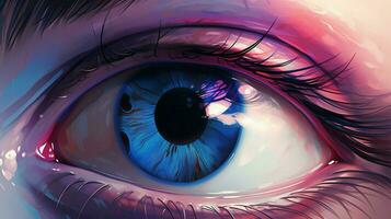 ein schließen oben von ein lila und Blau Auge mit das Wort Auge foto