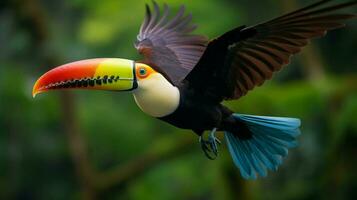 ein bunt Tukan fliegend im das tropisch Regenwald suchen foto