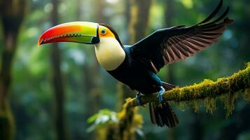 ein bunt Tukan fliegend im das tropisch Regenwald suchen foto