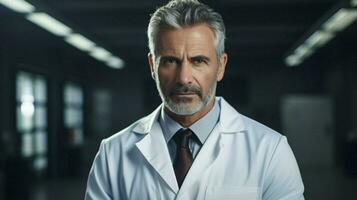 ein zuversichtlich reifen Arzt im ein Weiß Mantel foto