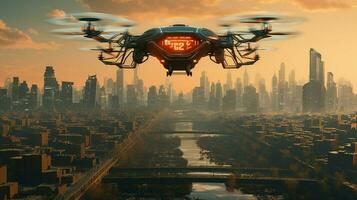ein Drohne fliegt Über ein Stadt mit das Wörter fliegen im das Himmel foto