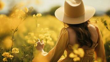 ein Farmer im ein Stroh Hut genießt Natur blühen Schönheit foto