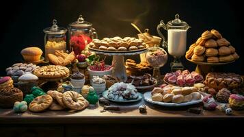 ein festlich Tabelle von gebacken Waren im verschiedene Formen und Farbe foto