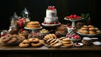 ein festlich Tabelle von gebacken Waren im verschiedene Formen und Farbe foto