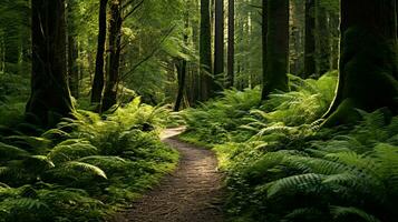 ein Wald Pfad mit Farne im das Vordergrund foto