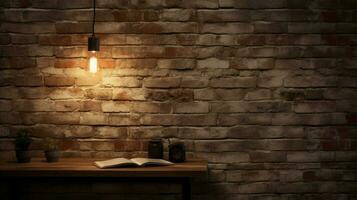 ein glühend elektrisch Lampe leuchtet ein modern Backstein Mauer foto