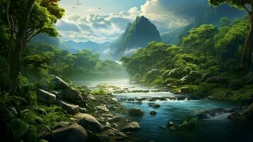 ein schön Landschaft mit ein Fluss und Berge foto