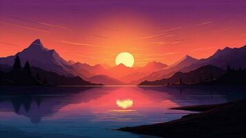 ein still Sommer- Sonnenuntergang Über ein Berg Silhouette foto