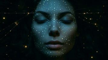 ein Frauen Gesicht mit ein Konstellation von Sterne auf es foto