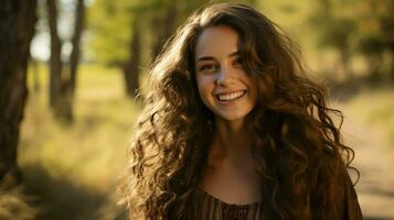 ein jung Frau mit lange braun Haar lächelt im Natur foto
