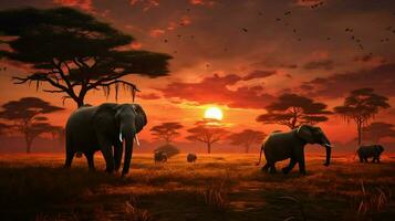 afrikanisch Elefant Herde Weiden lassen beim Sonnenaufgang auf Savanne foto