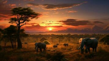 afrikanisch Elefant Herde Weiden lassen im still Savanne wilder foto