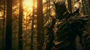 Rüstung gekleidet Ritter steht hoch im Sonnenuntergang Wald foto