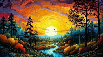 Herbst Sonnenuntergang Über bunt Wald gemalt Bild foto