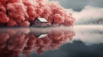 Schönheit rot Haus im das See Natur Szene foto