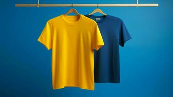 Blau und Gelb t Hemd auf hölzern Aufhänger foto