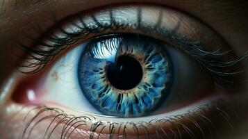 Blau Iris starren schließen oben von Mensch Auge foto