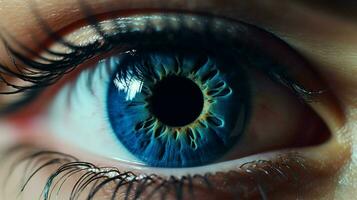 Blau Iris starren schließen oben von Mensch Auge foto