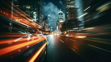 verschwommen Bewegung Fahren beim Nacht Stadt Leben foto