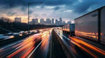 verschwommen Scheinwerfer auf beschäftigt Autobahn Tragen Ladung foto