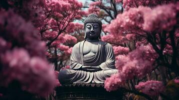 Buddha Statue meditiert unter Rosa Blumen im Wald foto