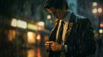 Geschäftsmann im das Regen Überprüfung seine Uhr foto