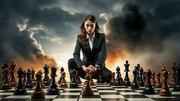 Geschäftsfrau strategisiert Erfolg auf Schach Tafel foto