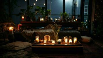 Kerze Verbrennung auf Altar leuchtet dunkel Leben Zimmer foto