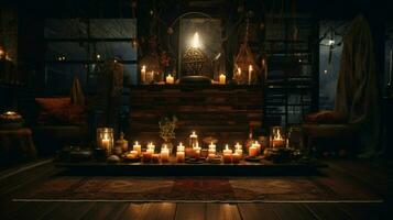 Kerze Verbrennung auf Altar leuchtet dunkel Leben Zimmer foto