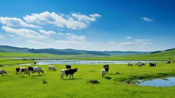 das Vieh grasen auf Grün Wiese unter Blau Himmel foto