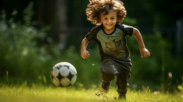 Kind üben Fußball Kompetenzen genießen draussen Aktivität foto