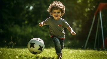 Kind üben Fußball Kompetenzen genießen draussen Aktivität foto