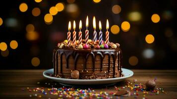 Schokolade Geburtstag Kuchen mit Verbrennung Kerzen und Dekoration foto