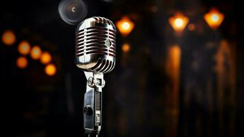 Chrom Mikrofon alt gestaltet und glänzend auf Bühne foto