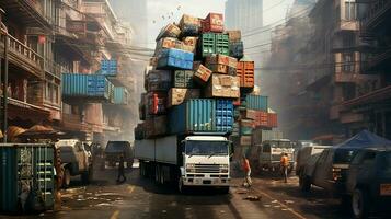 Stadt Lastwagen eilen durch liefern dringend Ladung foto